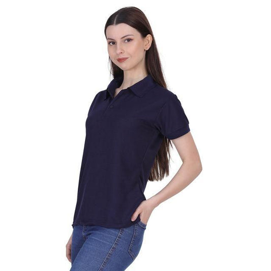 Ketex Navy Blue Cotton Blend Polo Neck Tshirt Women Western