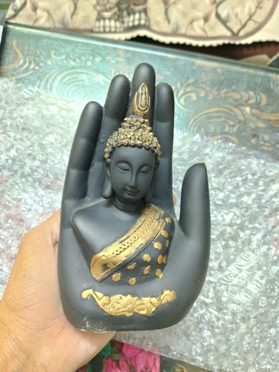 Black-Golden Handcrafted Meditating Palm Buddha Idol Home Essentials