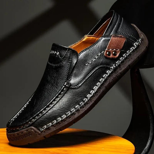 Men's Loafers Leather Hand-Stitched Casual Shoes Non-Slip Wear-Resistant_Black Footwear