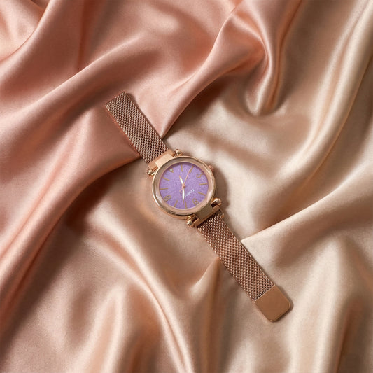 Elegant Rose Gold Mesh Strap Analog Wrist Watch For Women (1 Pc)