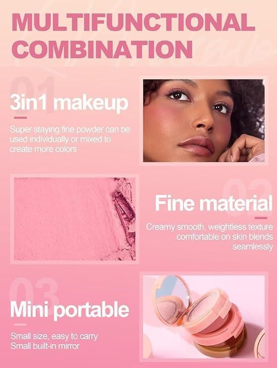 3 in1 Face Blusher + Highlighter with Mini Compact Travel Friendly Palette Beauty & Personal Care