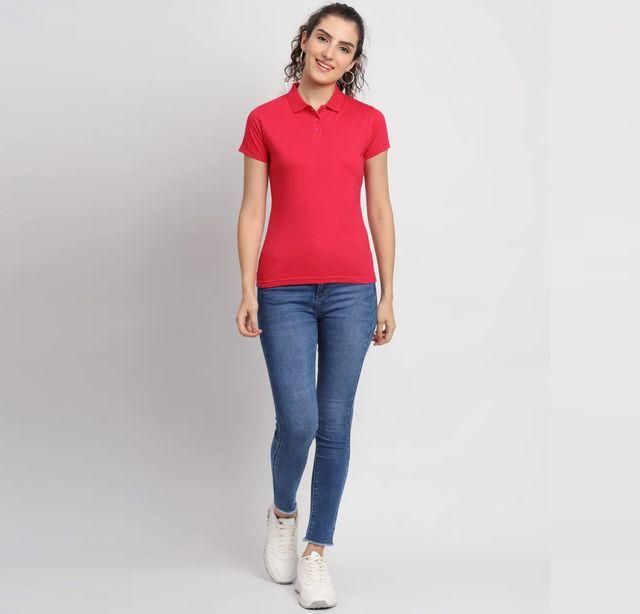 Ketex Red Cotton Blend Polo Neck Tshirt Women Western