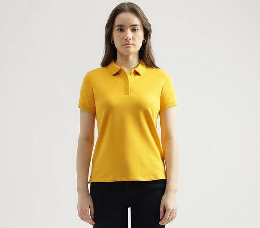 Ketex Yellow Cotton Blend Polo Neck Tshirt Women Western