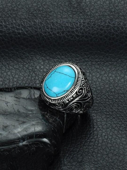Men Silver-Plated Blue Stone Studded Oxidized Ring Jewellery