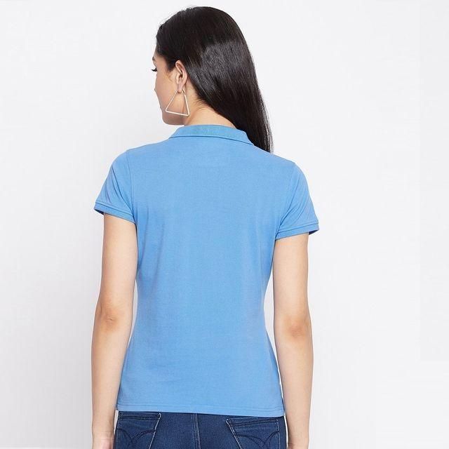 Ketex Sky Blue Cotton Blend Polo Neck Tshirt Women Western