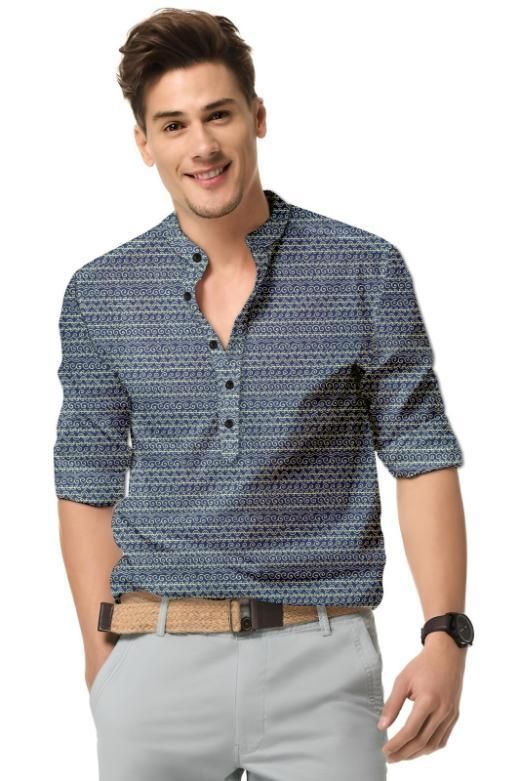 Men's Printed Spread Collar Casual Shirt Navy Blue Men