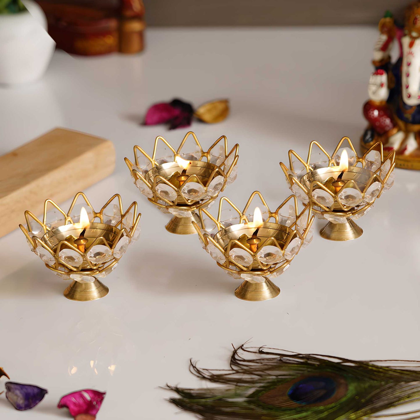 eCraftIndia Set of 4 Lotus Shape Crystal Tea Light Holder Electronics