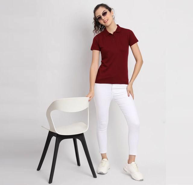 Ketex Maroon Cotton Blend Polo Neck Tshirt Women Western