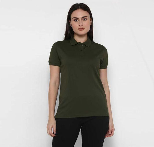 Ketex Bottle Green Cotton Blend Polo Neck Tshirt Women Western
