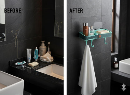 Wall-Mounted Bathroom Shelf with Hooks No-Drill Self-Adhesive Dual Compartment Storage Shelf