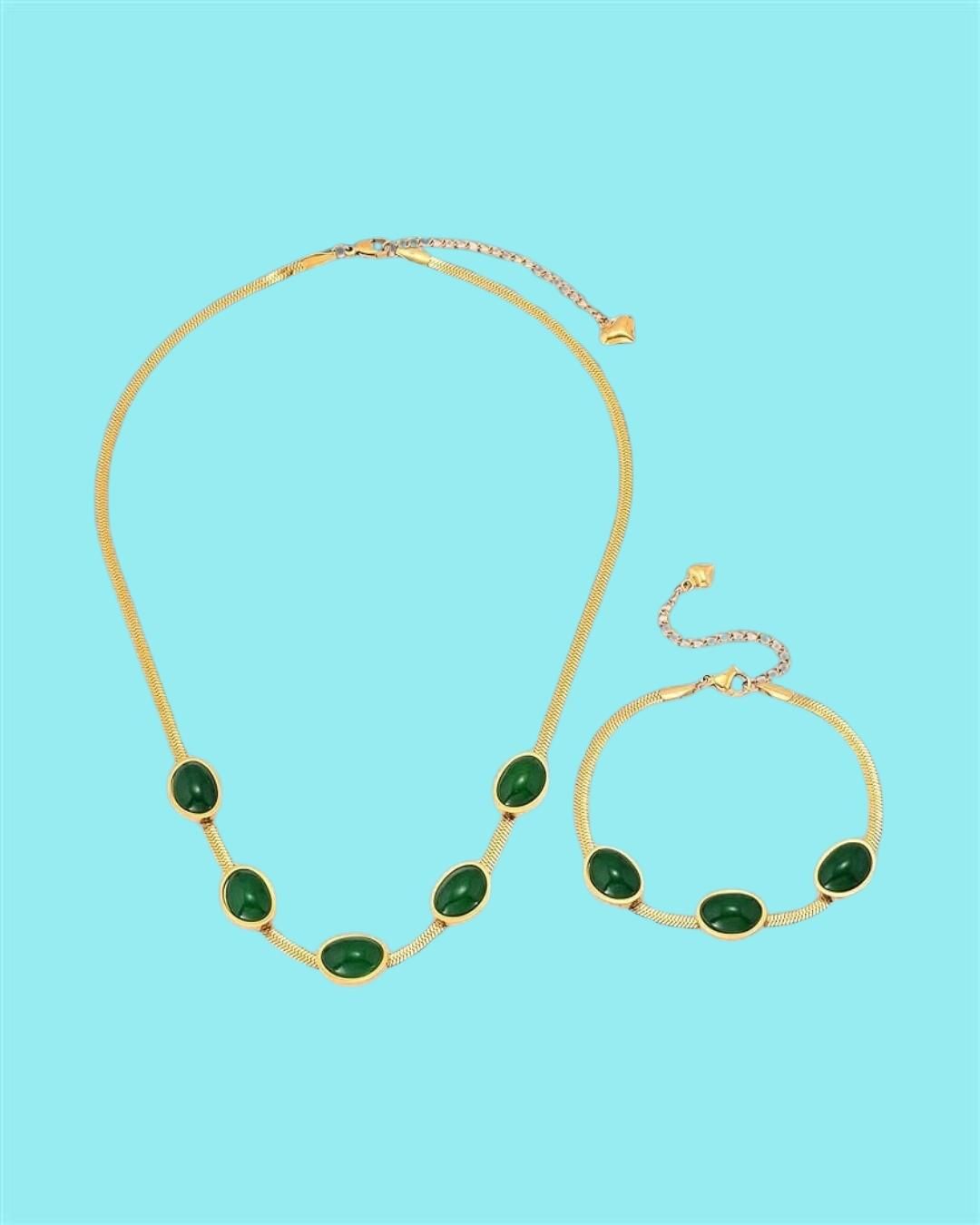 Oval Green Crystal Pendant Necklace Set With Bracelet Jewellery