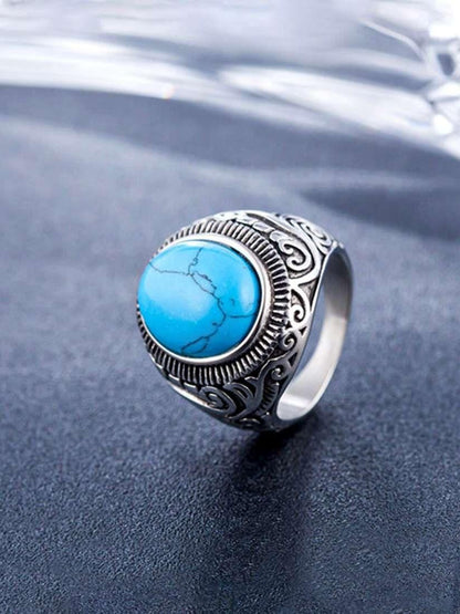 Men Silver-Plated Blue Stone Studded Oxidized Ring Jewellery