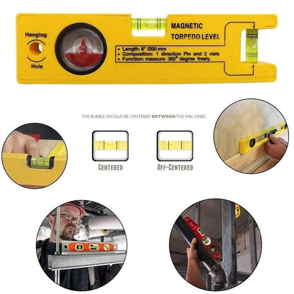 8-inch Magnetic Torpedo Level Tool With 1 Direction Pin, 2 Vials And 360 Degree View (Multicolor)