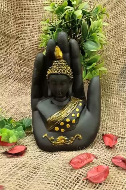 Black-Golden Handcrafted Meditating Palm Buddha Idol Home Essentials