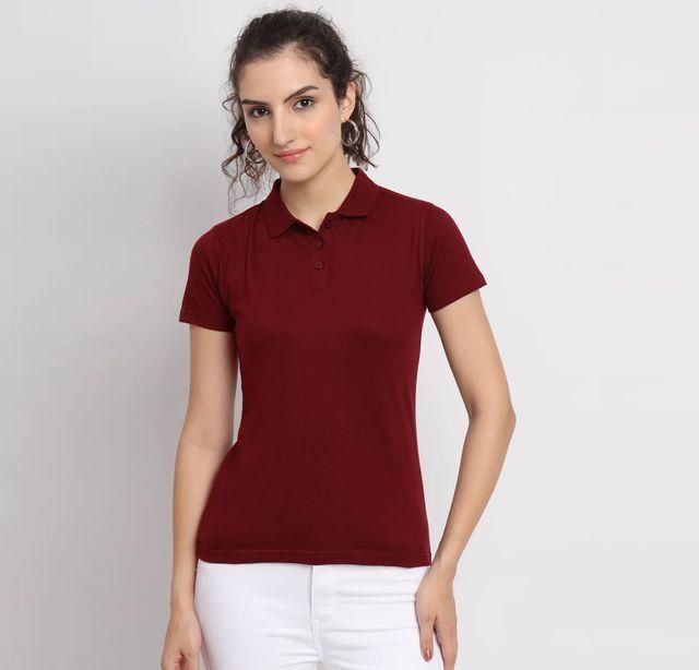 Ketex Maroon Cotton Blend Polo Neck Tshirt Women Western