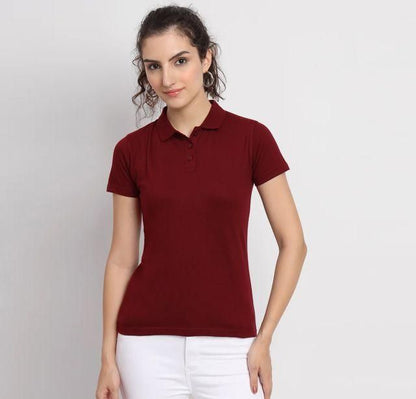 Ketex Maroon Cotton Blend Polo Neck Tshirt Women Western