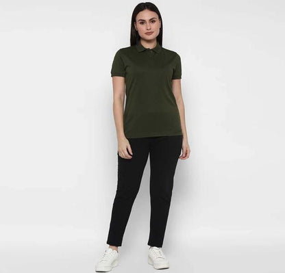 Ketex Bottle Green Cotton Blend Polo Neck Tshirt Women Western