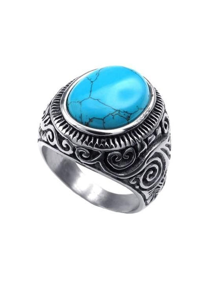 Men Silver-Plated Blue Stone Studded Oxidized Ring Jewellery