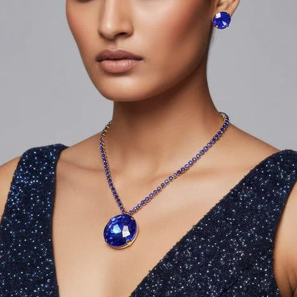 Gold Plated Blue Crystal Necklace & Earring Set