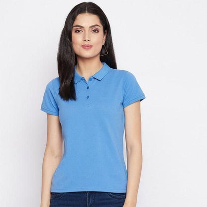 Ketex Sky Blue Cotton Blend Polo Neck Tshirt Women Western