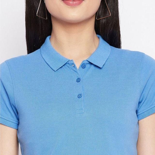 Ketex Sky Blue Cotton Blend Polo Neck Tshirt Women Western