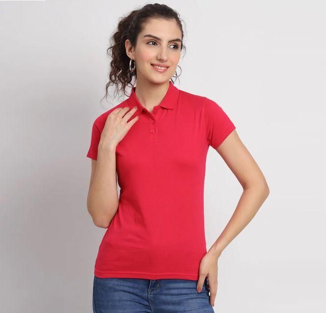 Ketex Red Cotton Blend Polo Neck Tshirt Women Western