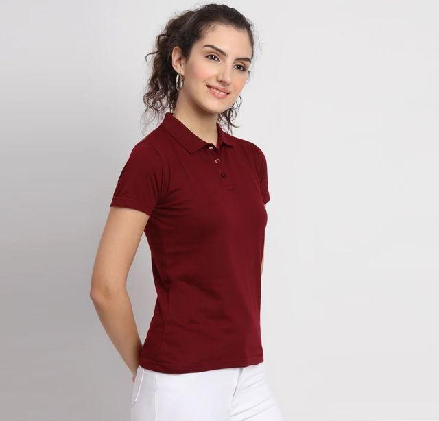 Ketex Maroon Cotton Blend Polo Neck Tshirt Women Western