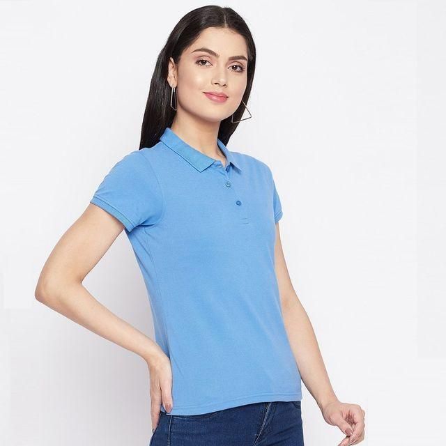 Ketex Sky Blue Cotton Blend Polo Neck Tshirt Women Western