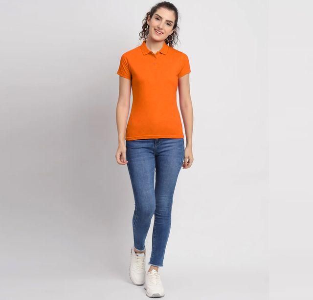 Ketex Orange Cotton Blend Polo Neck Tshirt Women Western