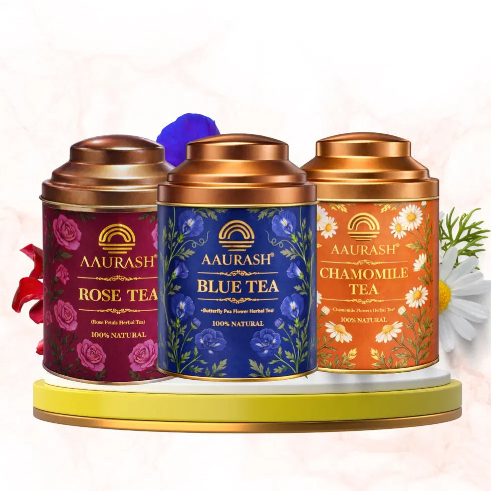 Aaurash Chamomile Tea, Blue Tea & Rose Tea Combo | 100% Natural Flower Tea | Caffeine-Free Herbal Tea | Supports Relaxation, Better Sleep & Skin Health | Rich in Antioxidants
